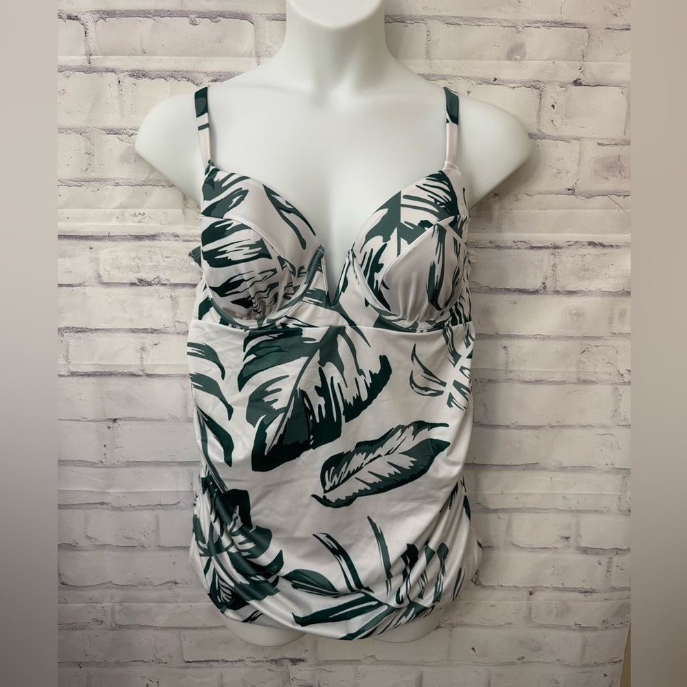 Swim‎ By Cacique 40D Lightly Lined Plunge White Palm Leaves Tankini Top Resort